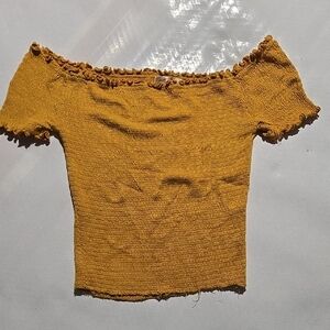 Heart Hips Mustard Off-the-Shoulder Smocked Sweater